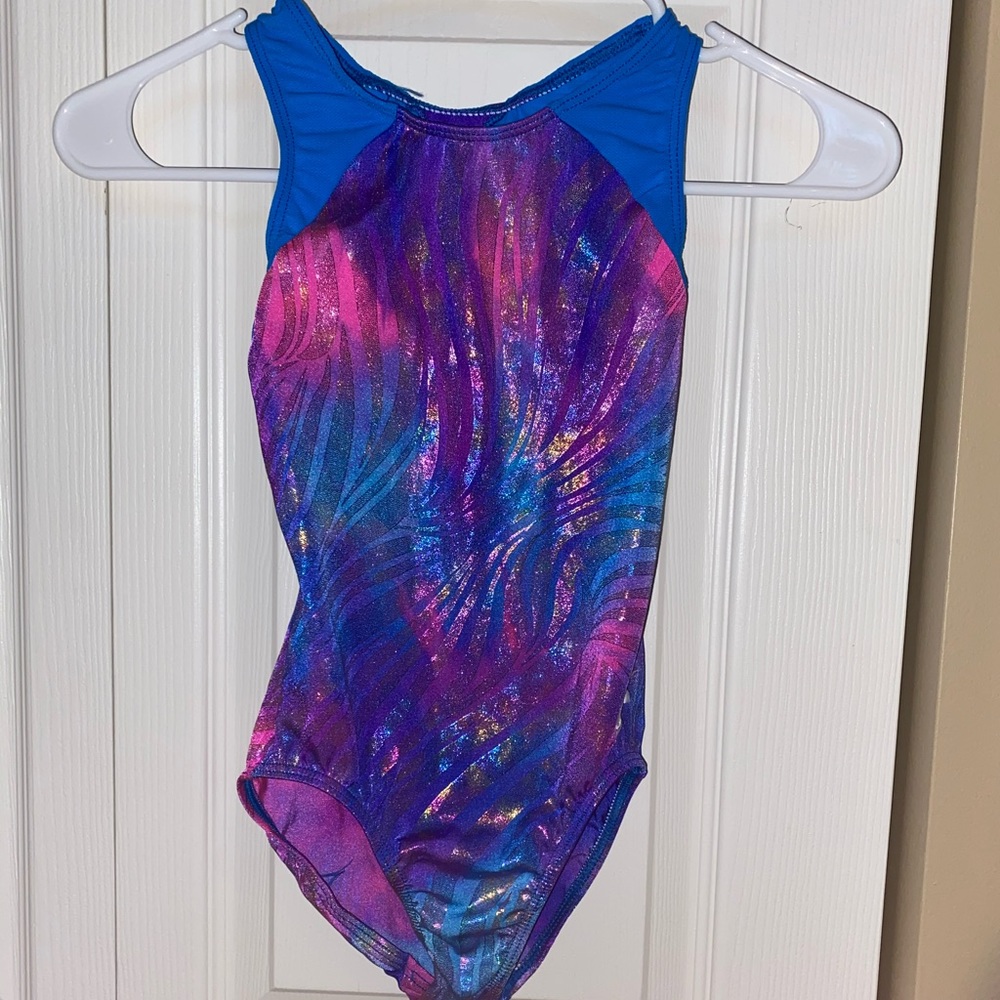 Child Medium GK Elite leotard   Blue/ Pink/ Teal